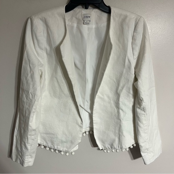 Women’s J CREW Linen Blend Blazer Cambell Pom-Pom White Jacket Size Medium - Picture 1 of 9